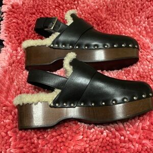 Hermes Black Leather Shearling-Trim Platform Clogs